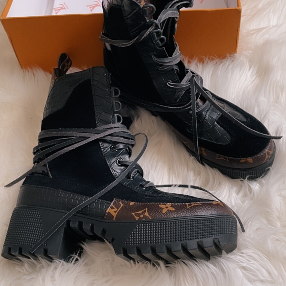 Black and Brown Leather Combat Boots